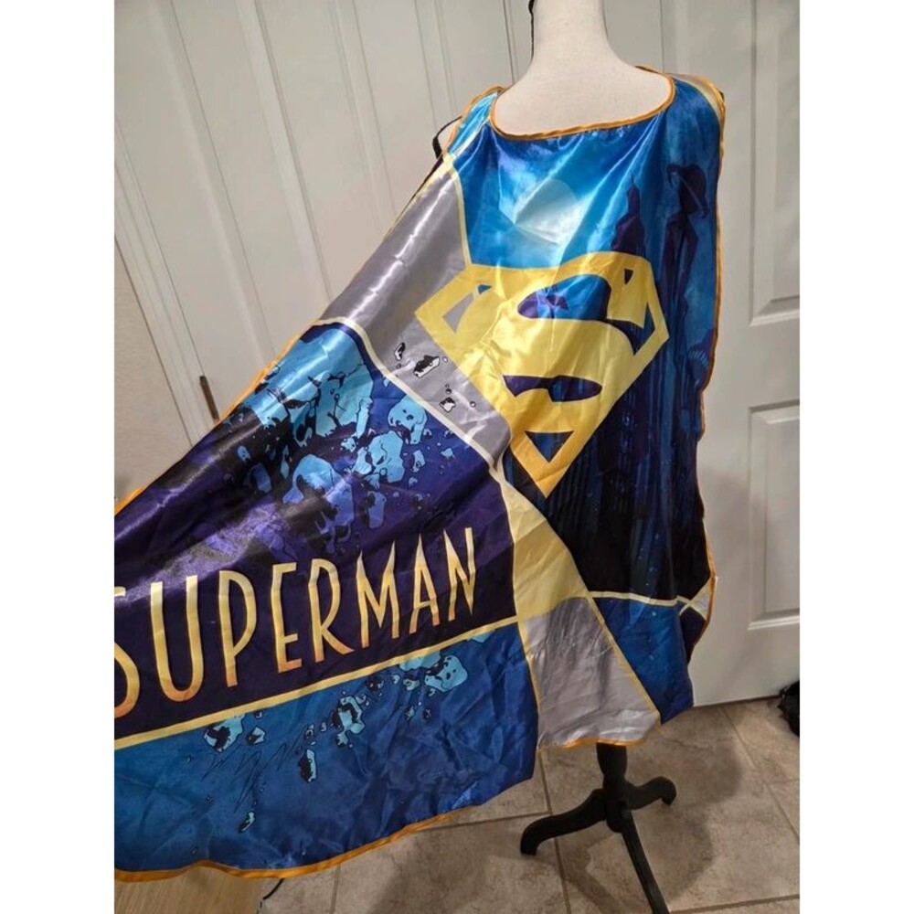 Six Flags DC Superman Cape Costume Blue Yellow Superhero Kids Adult One Size